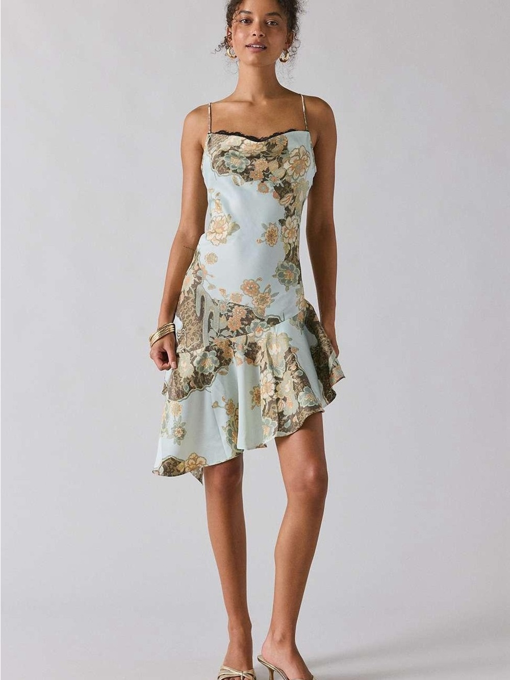 Kimchi Blue Floral Asymmetrical Slip Dress in Light Blue and Beige